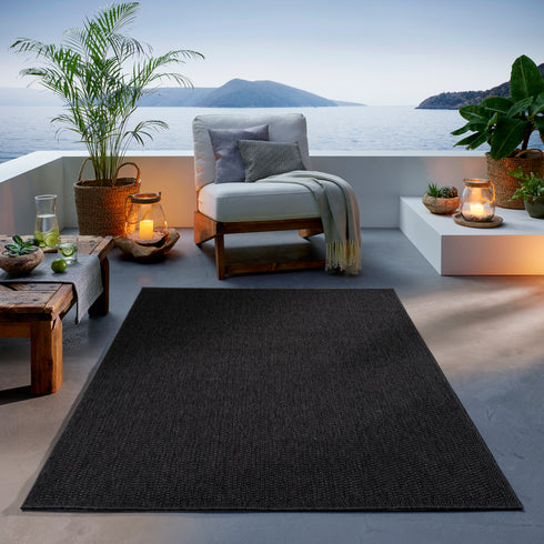 Outdoor Teppich Wetterfest in Sisal Bordüren Optik | Für Drinnen und Draußen | Terrasse Balkon Garten Wohnzimmer Badezimmer Küche | Anthrazit